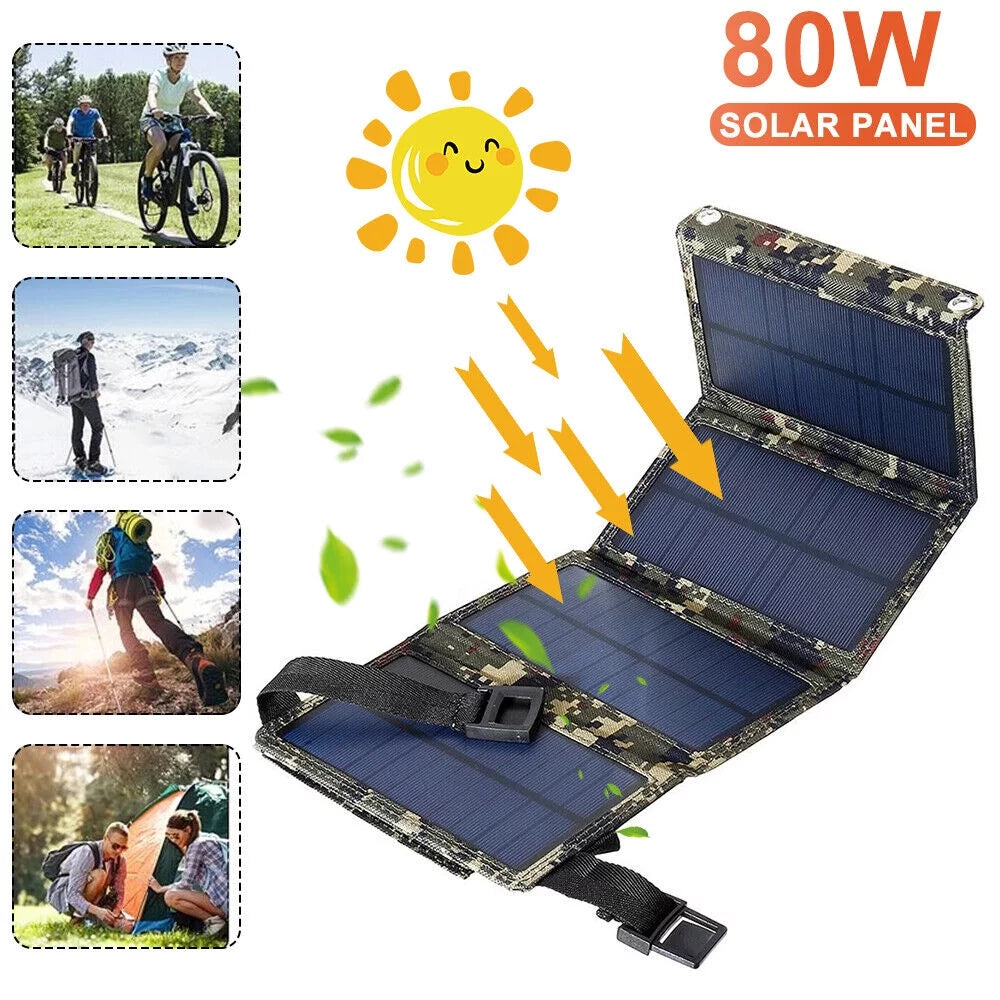 Paddsun 80W USB Solar Panel Folding Power Bank Outdoor Camping Hiking Phone Charger