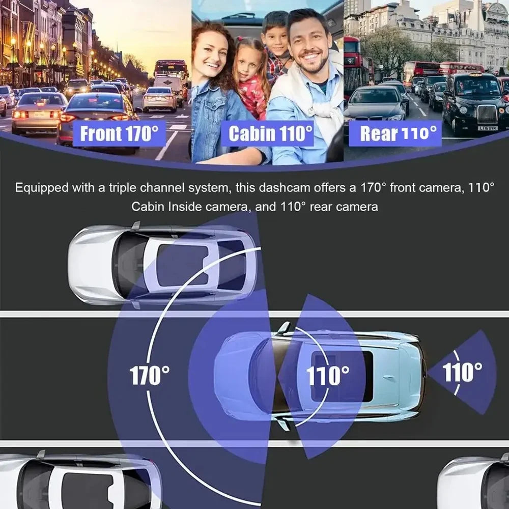 3 Channel Dash Cam Front and Rear Inside; 1080p 3 footes 170° Wide Angle Dashcam; Dash Camera for Cars with 128GB Card; Super Night Vision; G-Sensor; Motion Detection
