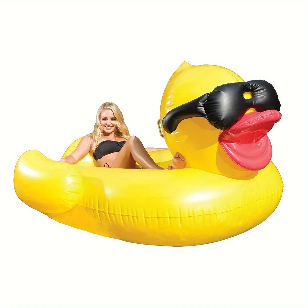 1pc Big Yellow Duck Floating Raft; Inflatable Toy With Two Beverage Holders