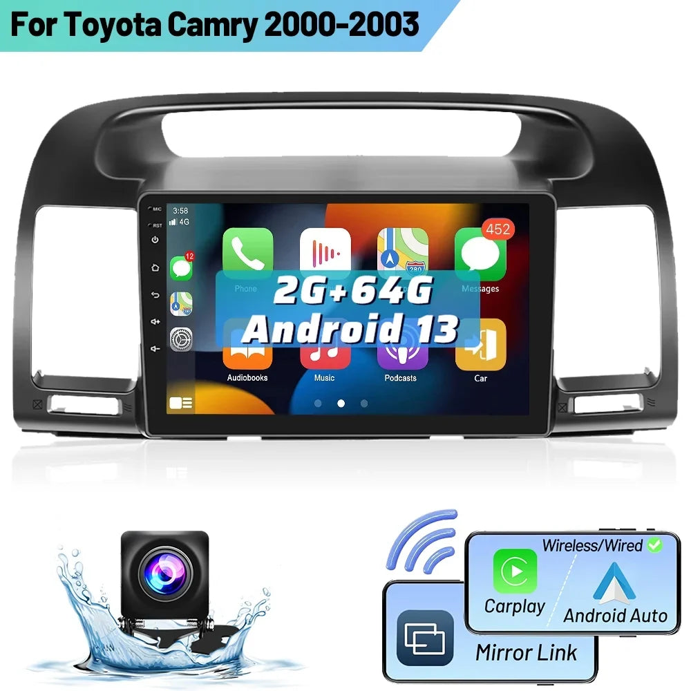 Podofo 2+64G Android 13 for Toyota Camry 2000-2003 Wireless Carplay Android Auto Mirror Link 9'' Touch Screen Car Stereo Radio WIFI GPS FM Bluetooth Hifi; AHD Backup Camera