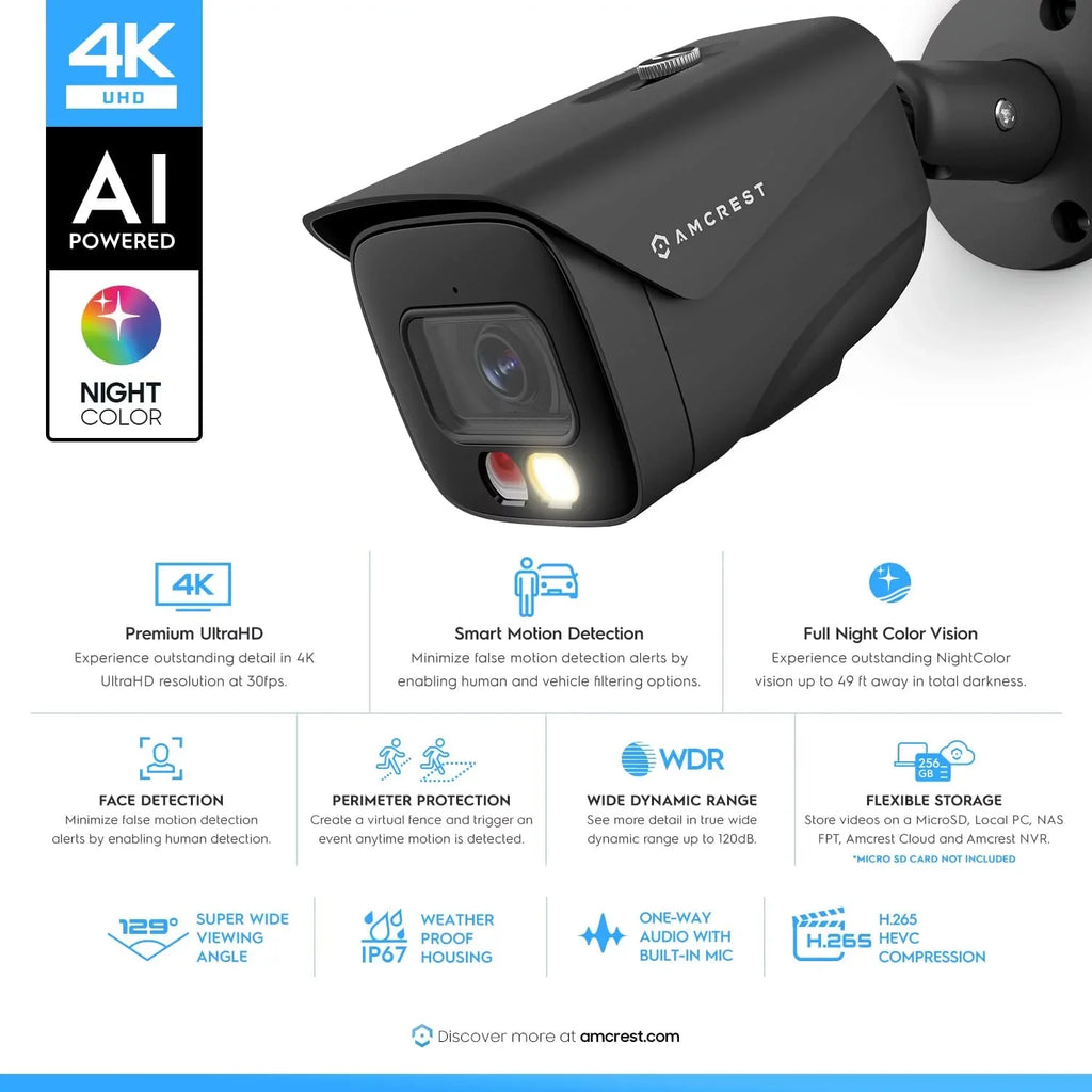 Amcrest 4K IP PoE AI Camera UltraHD 8MP Security Outdoor Camera; FOV 129°; 49ft Color Nightvision; Human & Vehicle Detection; IP67 Weatherproof; 4K (3840x2160) @15fps; Black; IP8M-2796EB-AI