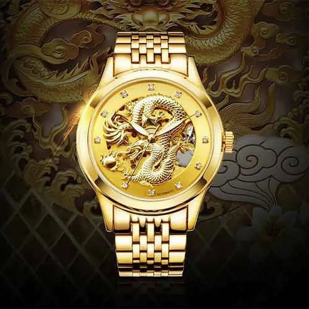 ENAPY Automatic Mechanical Steel Gold Dragon 30M Resistant Wrist Watch