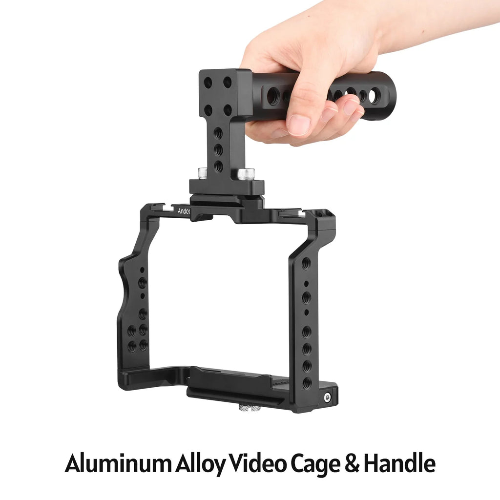 Andoer Camera Video Cage + Handle Kit Aluminum Alloy with Dual Cold Shoe Mounts Numerous 1/4 foot Threads Replacement for Sony A7IV/ A7III/ A7II/ A7R III/ A7R II/ A7S II