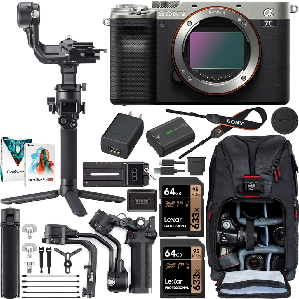 Sony a7C Mirrorless Full Frame Camera Interchangeable Lens Body Only Silver ILCE7C/S Filmmaker's Kit with DJI RSC 2 Gimbal 3-Axis Handheld Stabilizer Bundle + Deco Photo Backpack + Software