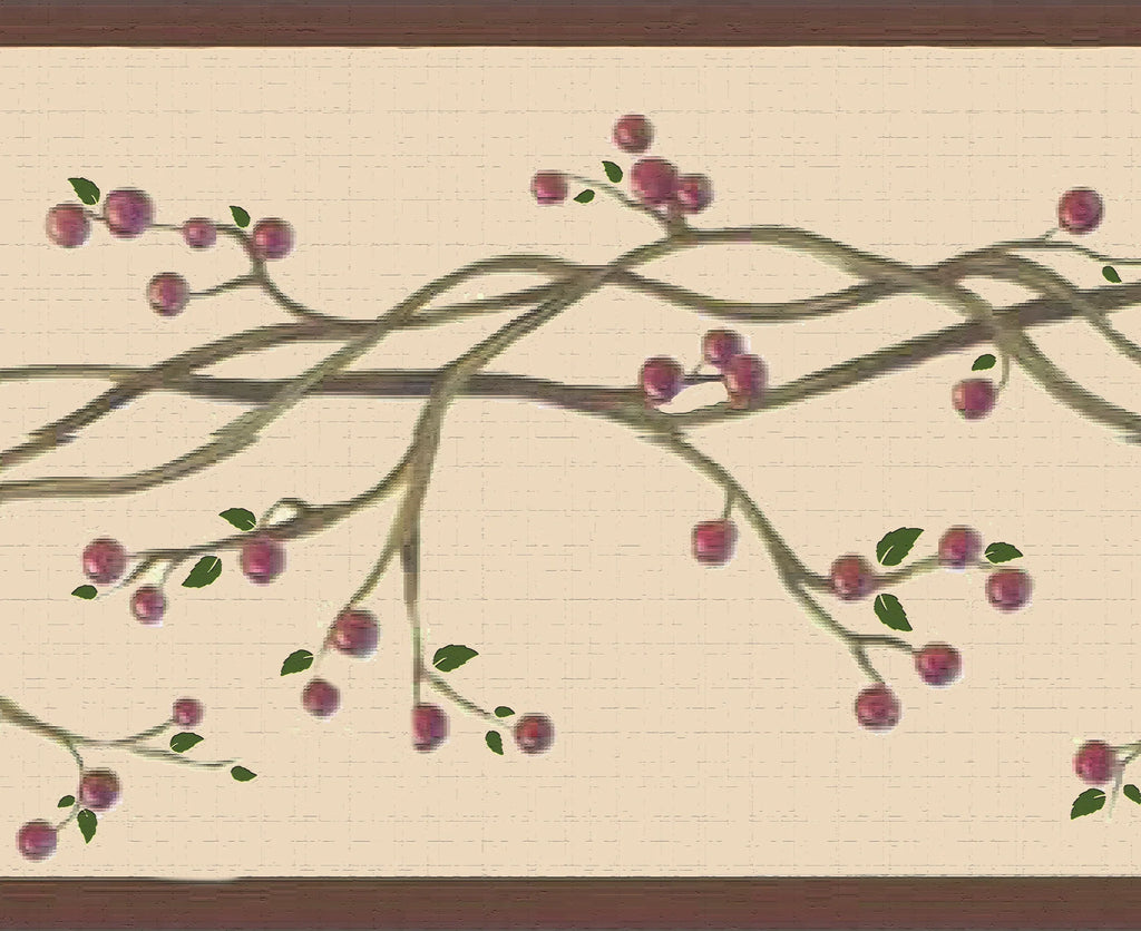 Dundee Deco Peel and Stick Wallpaper Border - Retro Red; Sepia Winterberries on Vine; 15 ft x 7 in