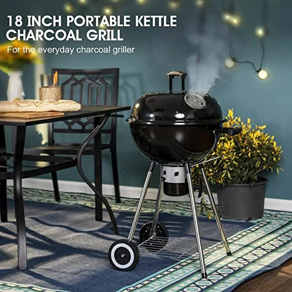 Sophia & William 18-inch Kettle Charcoal BBQ Grill with Porcelain-Enameled Lid and Bowl; Chromeplated Grate; Ash Catcher for Outdoor Picnic BBQ Patio Camping; Black