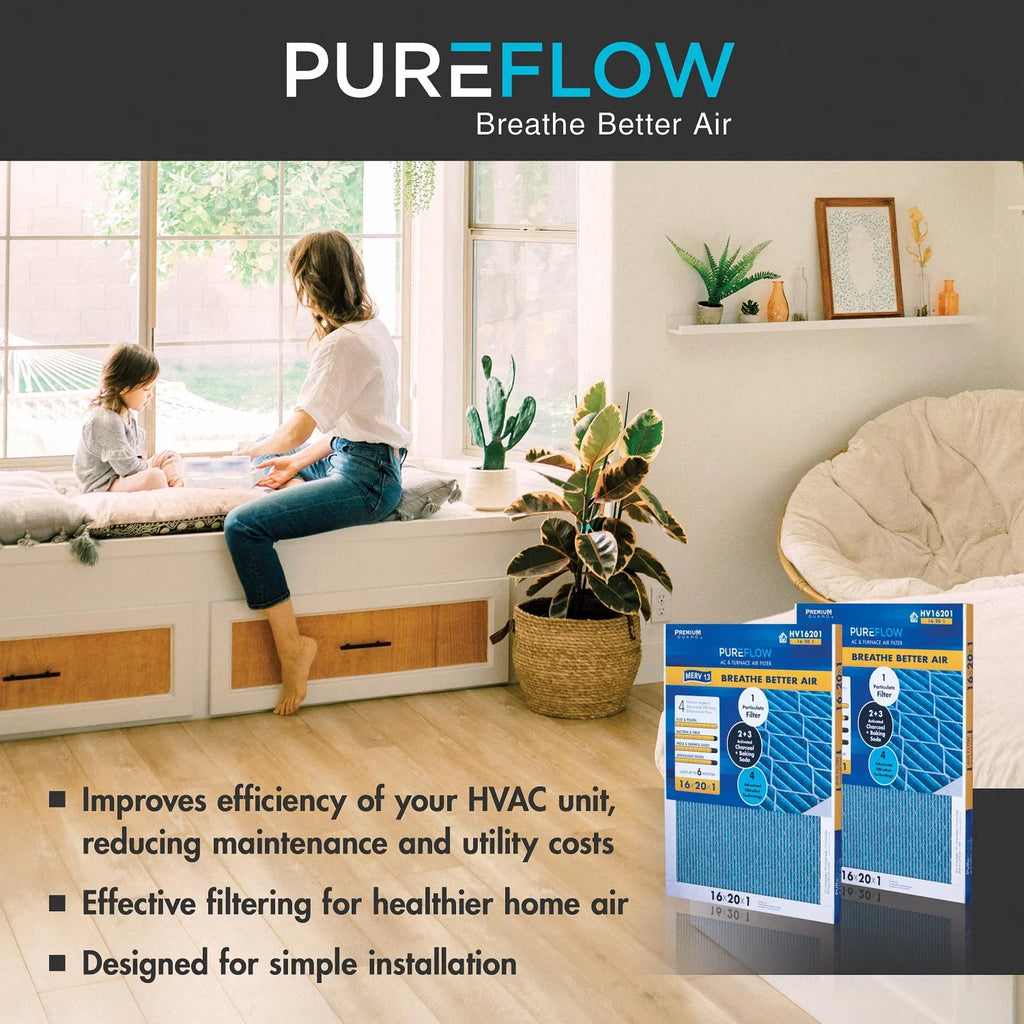 PureFlow; Home Furnace Air Filter 20x25x4; with 4 Layers of Advanced Filtration Technology; MERV-13 Pack-of-2