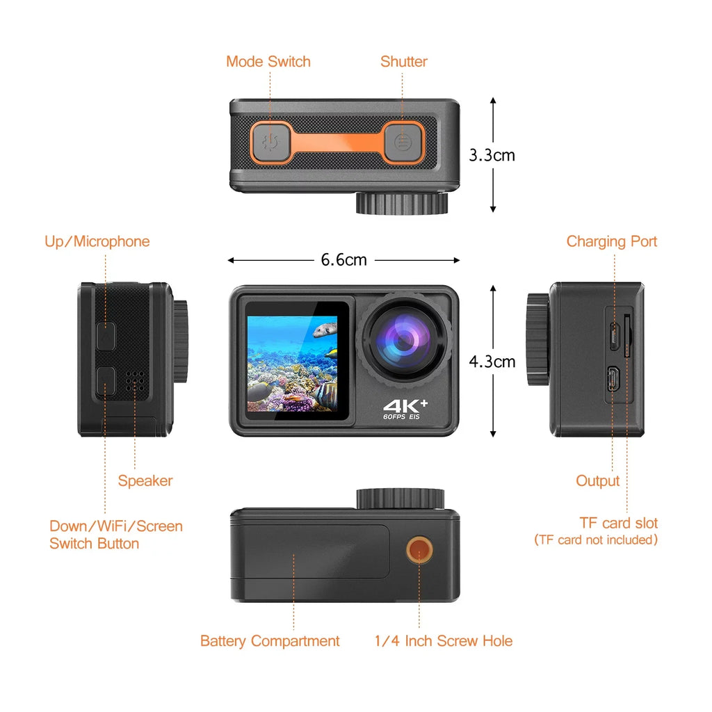 4K 24MP Dual Screen Sport Camera DV Camcorder 2.0 foot Screen 170° Wide Angle EIS 40m Liquidproof WiFi with Macro CPL ND4 8 16 Purple Lens for Outdoor Sports