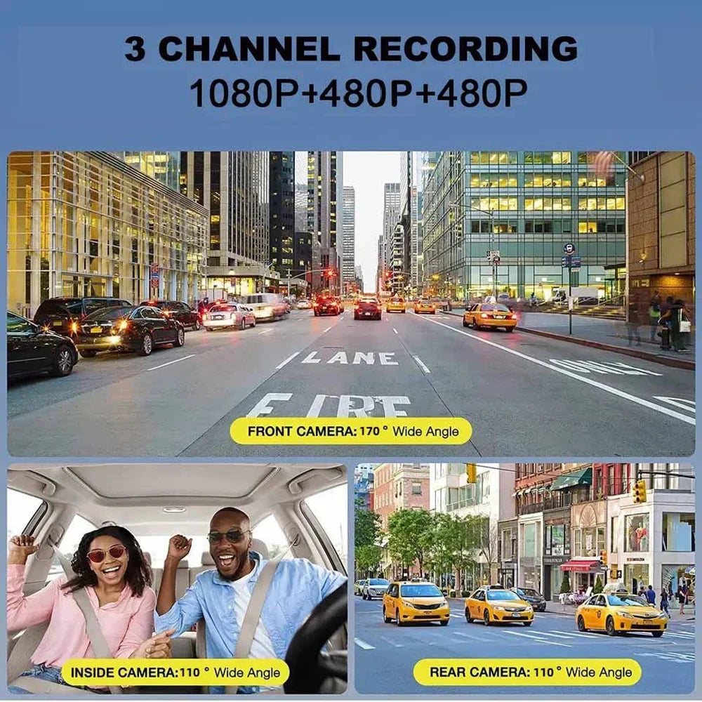 3 Channel Dash Cam Front and Rear Inside; 1080p 3 footes 170° Wide Angle Dashcam; Dash Camera for Cars with 128GB Card; Super Night Vision; G-Sensor; Motion Detection