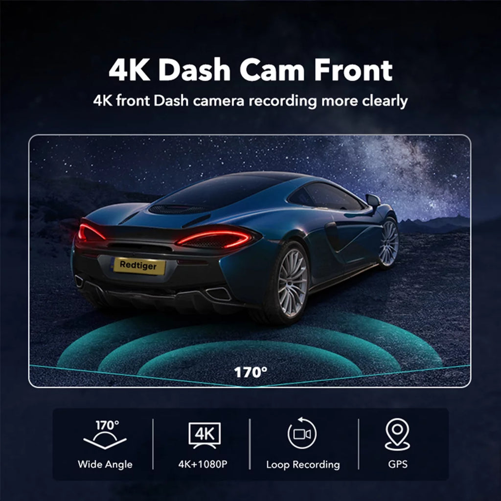 REDTIGER Dash Cam; 4K Dash Camera with Wi-Fi & GPS; 4K UHD 2160P Car Camera; 3.18" LCD Screen; 24H Parking Monitor; Black