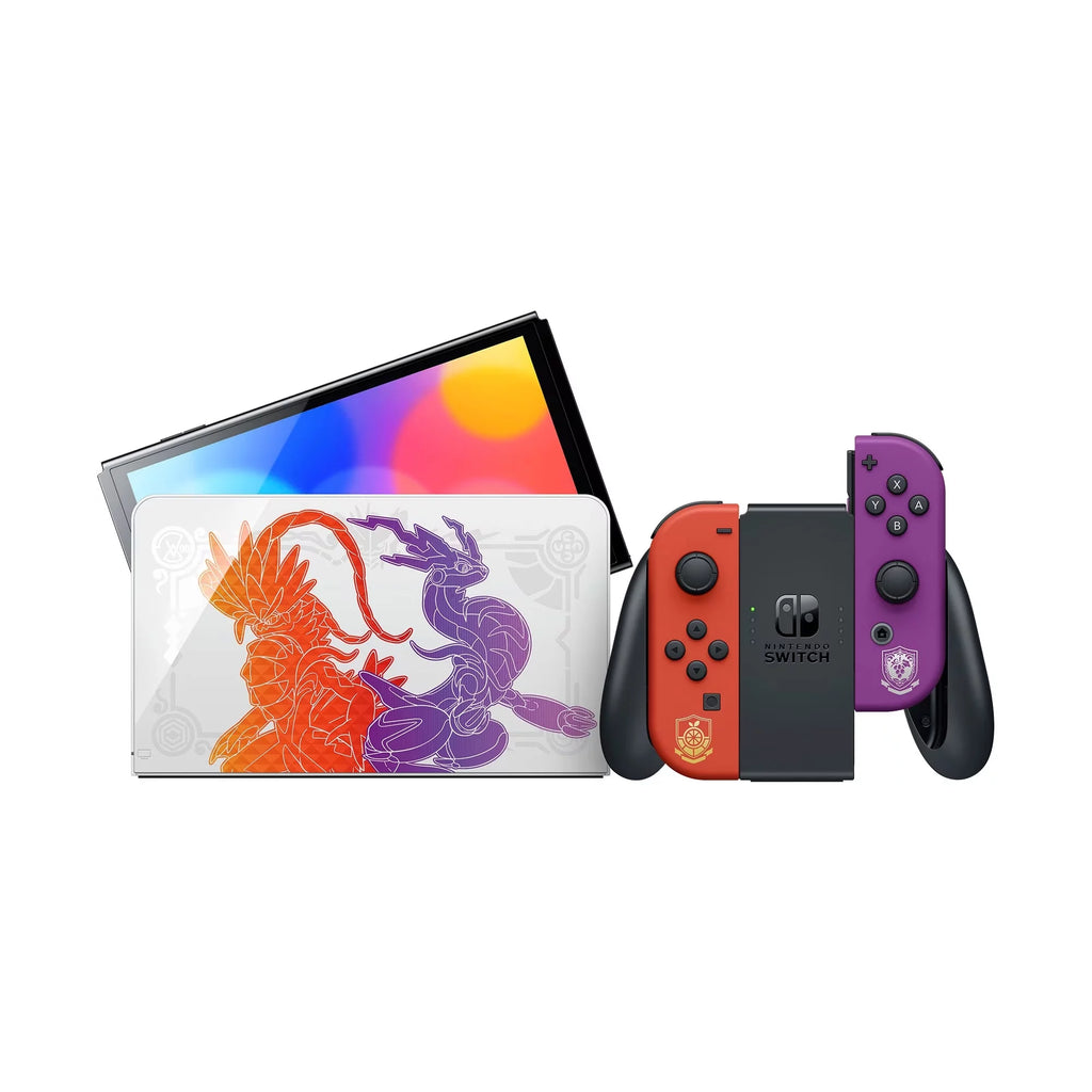 2022 Nintendo Switch OLED Model Pokemon Scarlet & Violet Limited Edition; Pokemon Illustrations 64GB Console; Koraidon and Miraidon Glossy White Dock; Pokemon Scarlet Game and Mytrix Accessories