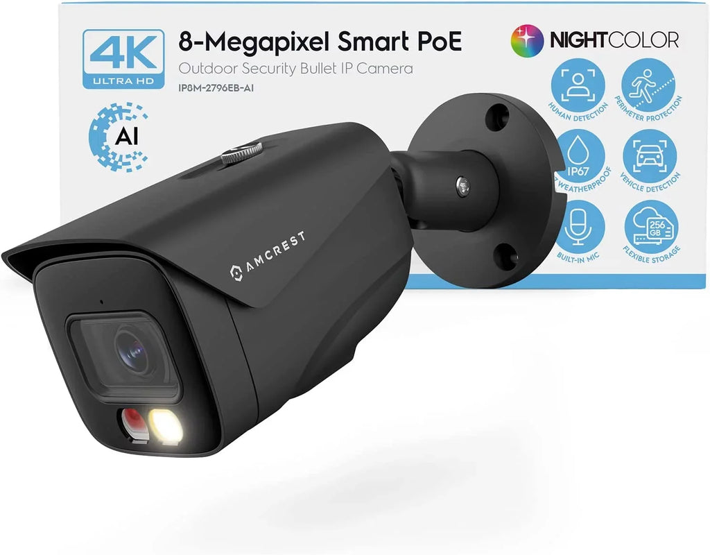 Amcrest 4K IP PoE AI Camera UltraHD 8MP Security Outdoor Camera; FOV 129°; 49ft Color Nightvision; Human & Vehicle Detection; IP67 Weatherproof; 4K (3840x2160) @15fps; Black; IP8M-2796EB-AI
