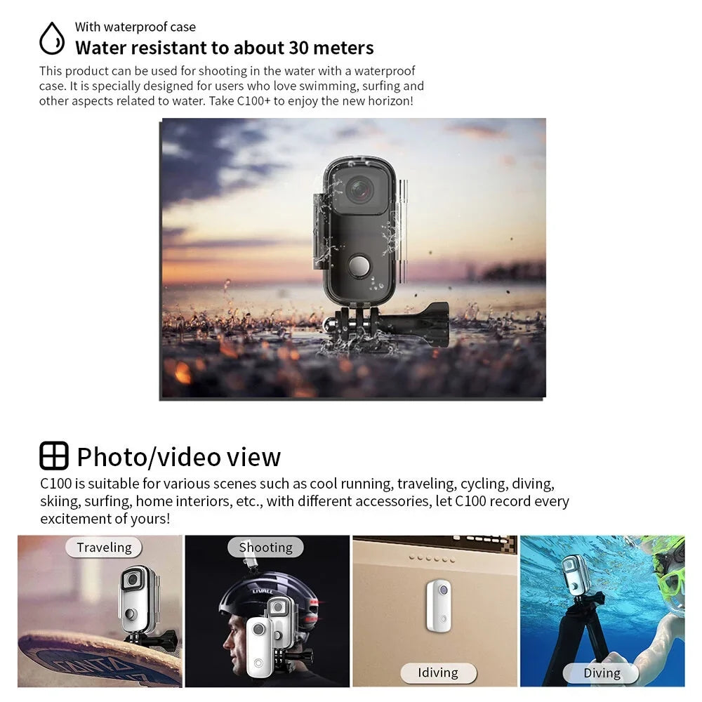 SJCAM C100 Mini Action Camera 1080P/30fps Digital Video Camera 30M Fluidproof Magnetic Body Built-in Battery WiFi Connection APP Sharing with Fluidproof Case Back Clip Lanyard