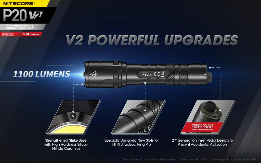 Combo: Nitecore P20 V2 Tactical LED Flashlight - CREE XP-L2 V6 - 1100 Lumens w/NL183 Battery; D2 Charger +2x Free Eco-Sensa CR123A Batteries