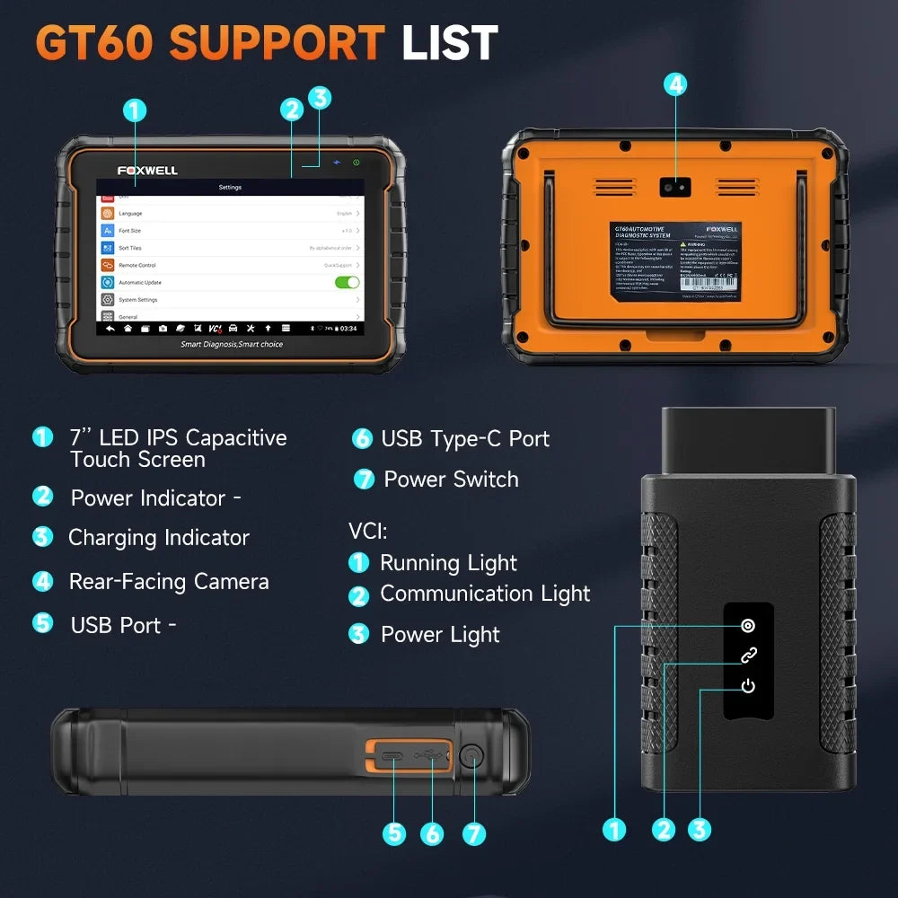 Foxwell GT60 Wireless Bluetooth Automotive Bi-directional Diagnostic Scanner 24+ Maintenance Services Full System OBD2 Scanner Code Reader for 12V Cars; EOBD OBD Scan Tool Vehicle Analyzer with Bag