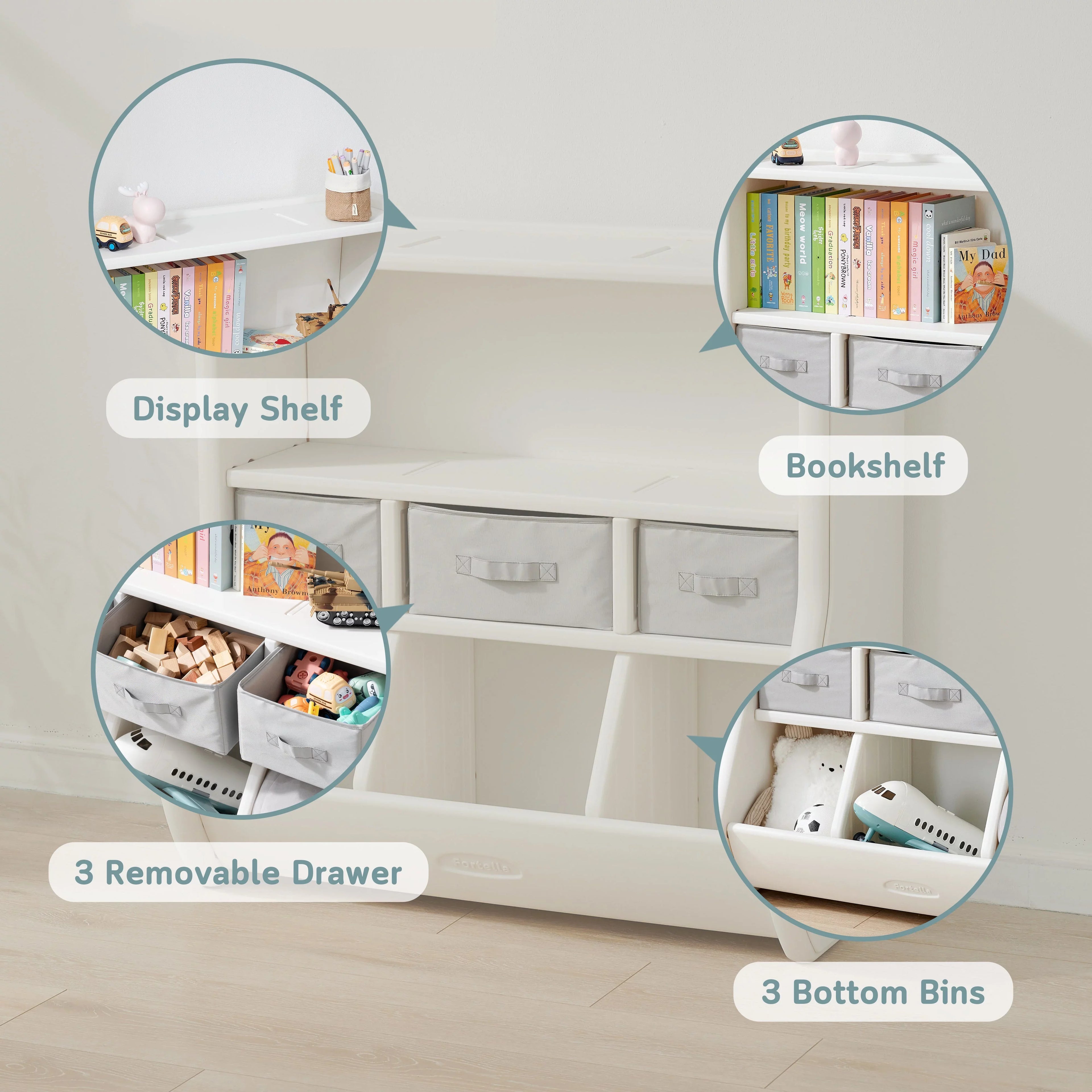 The Montessori Toy Storage Organizer by Fortella; with Bookshelf; Display Shelf; 3 Large Bins; and 3 Removable Drawers; Made of BPA and Formaldehyde FREE HDPE; Safe and Modern Toy Box Cabinet for Kids
