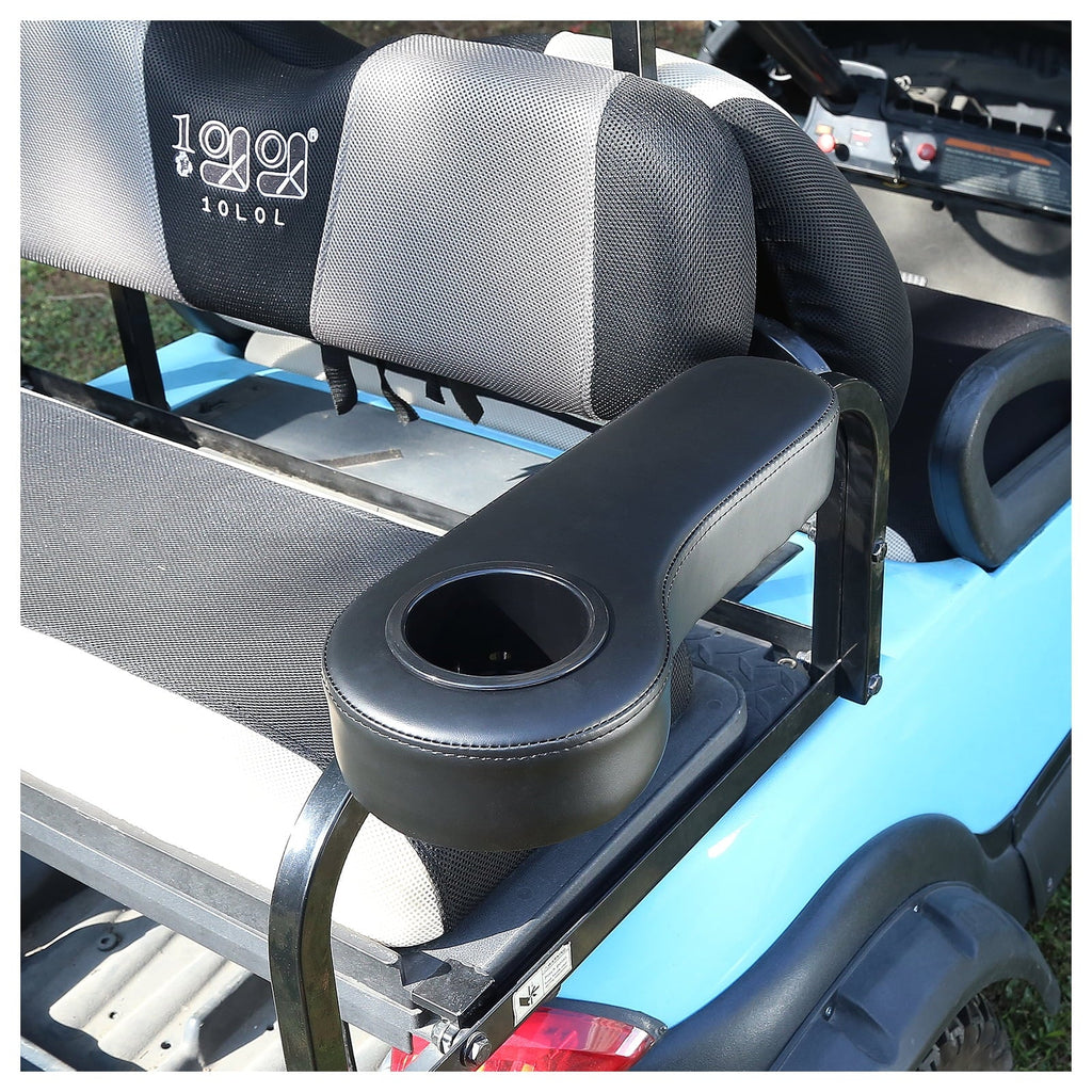 10L0L Golf Cart Armrests with Cup Holder for EZGO Club Car Yamaha Golf Cart Rear Seat; Without Drilling; Black; Set of 2