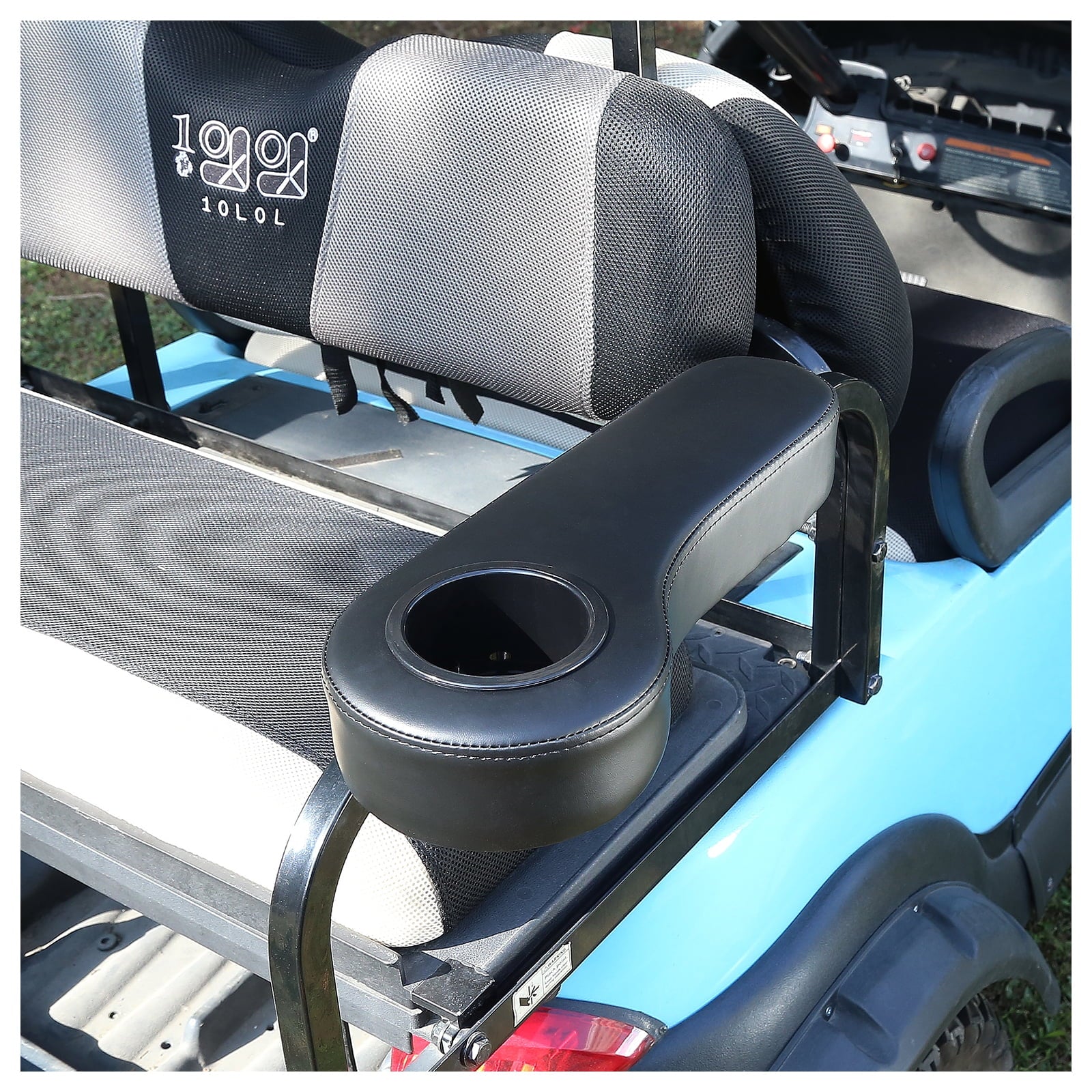 10L0L Golf Cart Armrests with Cup Holder for EZGO Club Car Yamaha Golf Cart Rear Seat; Without Drilling; Black; Set of 2