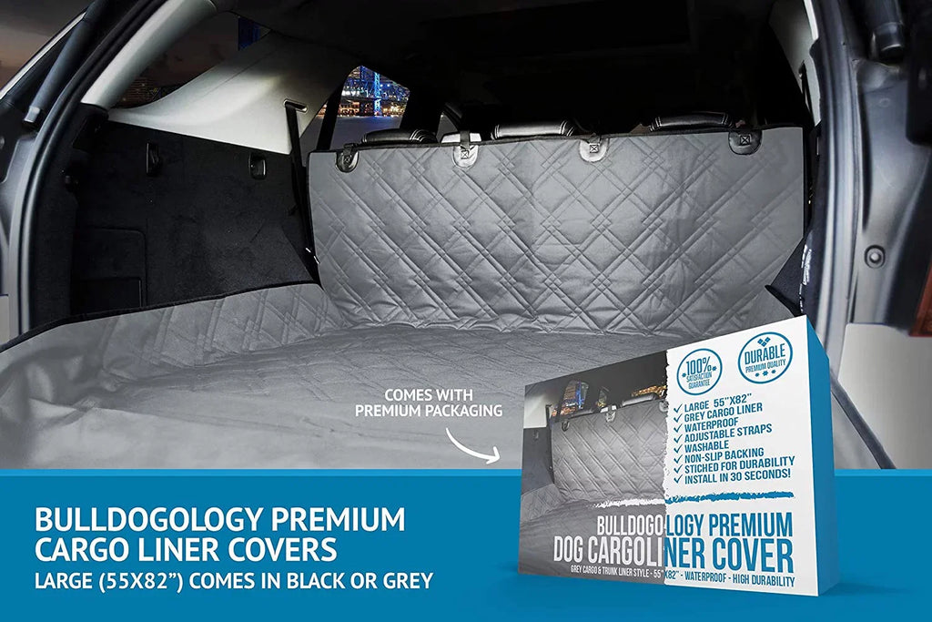 Bulldogology SUV Cargo Liner for Dogs - Heavy Duty Pet Trunk Cargo Cover - Dog Car Seat Cover Fluidproof Nonslip - Dog Hair; Muddy Paws; Scratches Cover Protector for Cars Vans SUVs (X-Large; Grey)