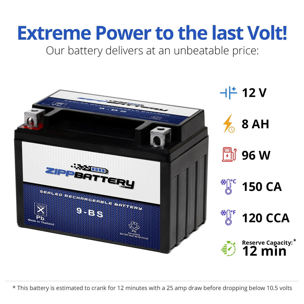 Zipp Battery YTX9-BS (9-BS 12 Volt;8 Ah; 120 CCA) Motorcycle Battery for Kawasaki 636cc Zx636-b C Ninja Zx-6r 2003
