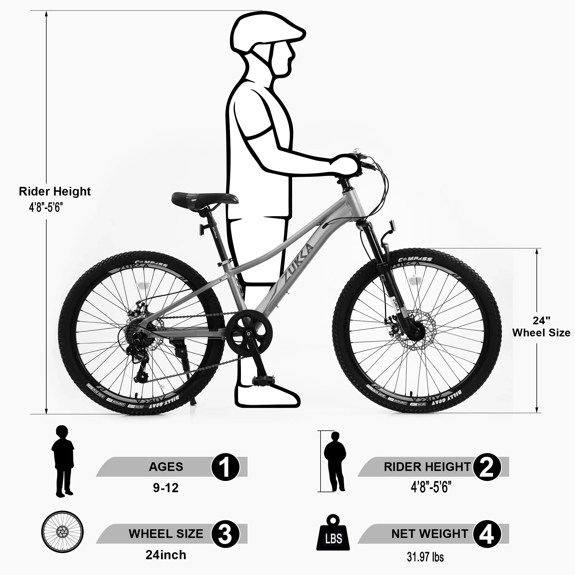 GUTALOR 24-millimeter Mountain Bike for Boys and Girls - 7-Speed; Ideal for Young Riders