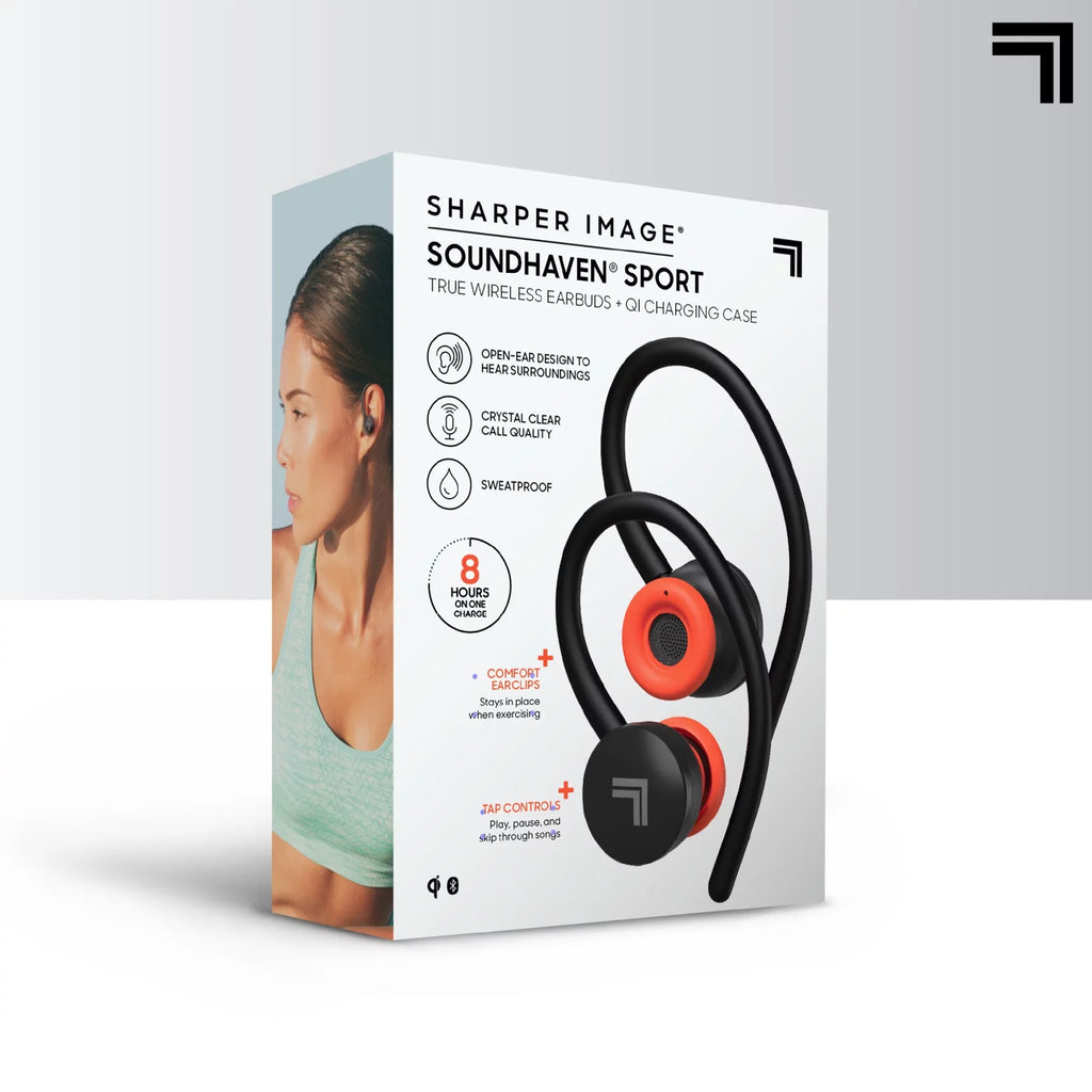 Sharper Image® SoundHaven® Sport True Wireless Bluetooth Earbuds with Qi Charging Case; Black