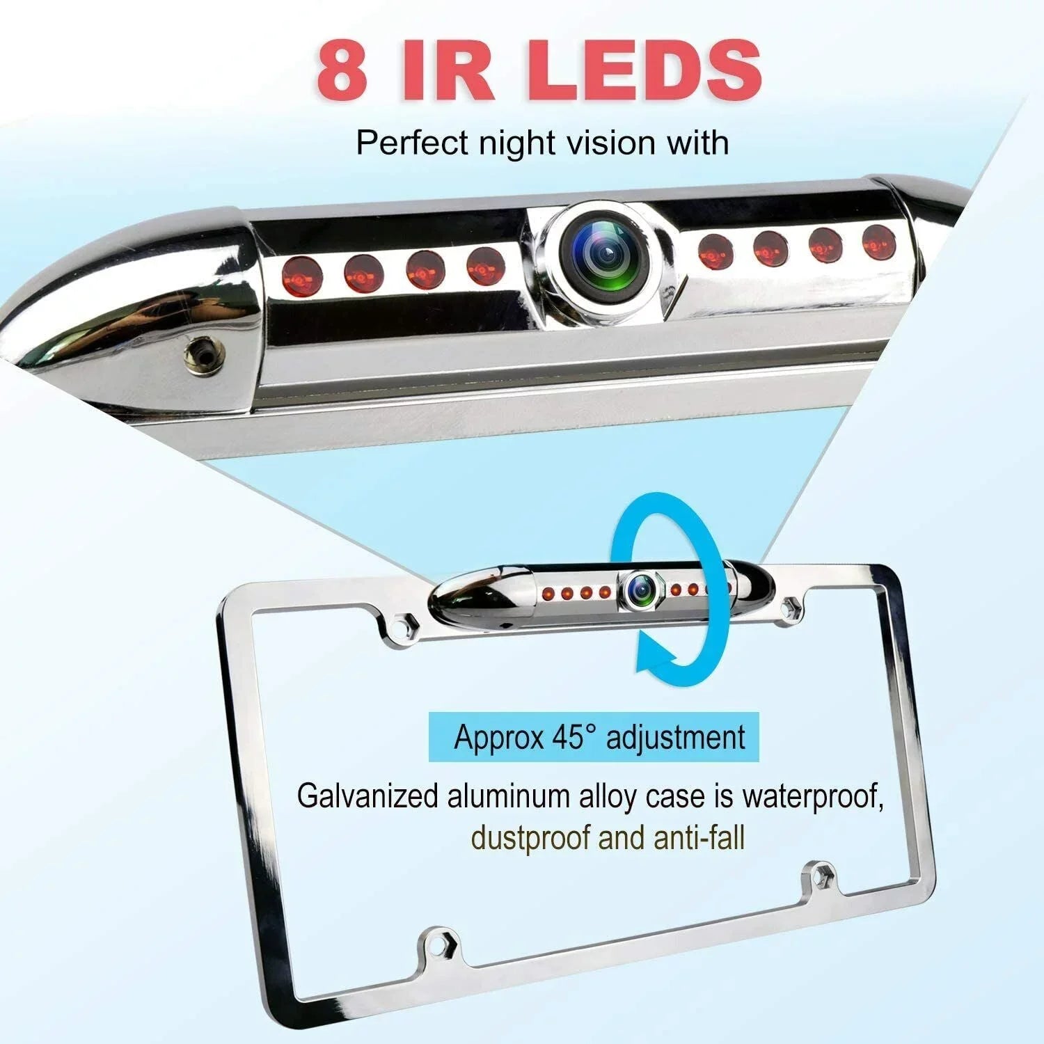 Absolute CAM2100S Chrome License Plate Frame Backup Camera Night Vision Car Rear View Camera with 8 Bright LEDs 170° Viewing Angle Fluidproof Backup Camera Vehicle Universal Reversing Assist Security