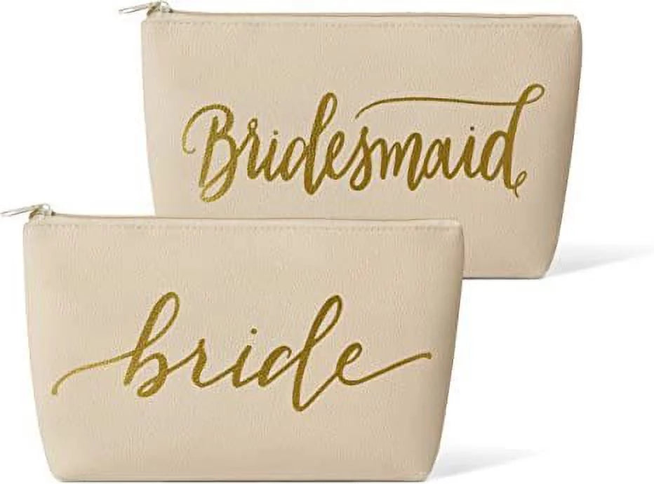Samantha Margaret - Set of 11 Bride and Bridal Party Faux Leather Makeup Bags for Bachelorette Parties; Weddings and Bridal Showers - Cream Beige