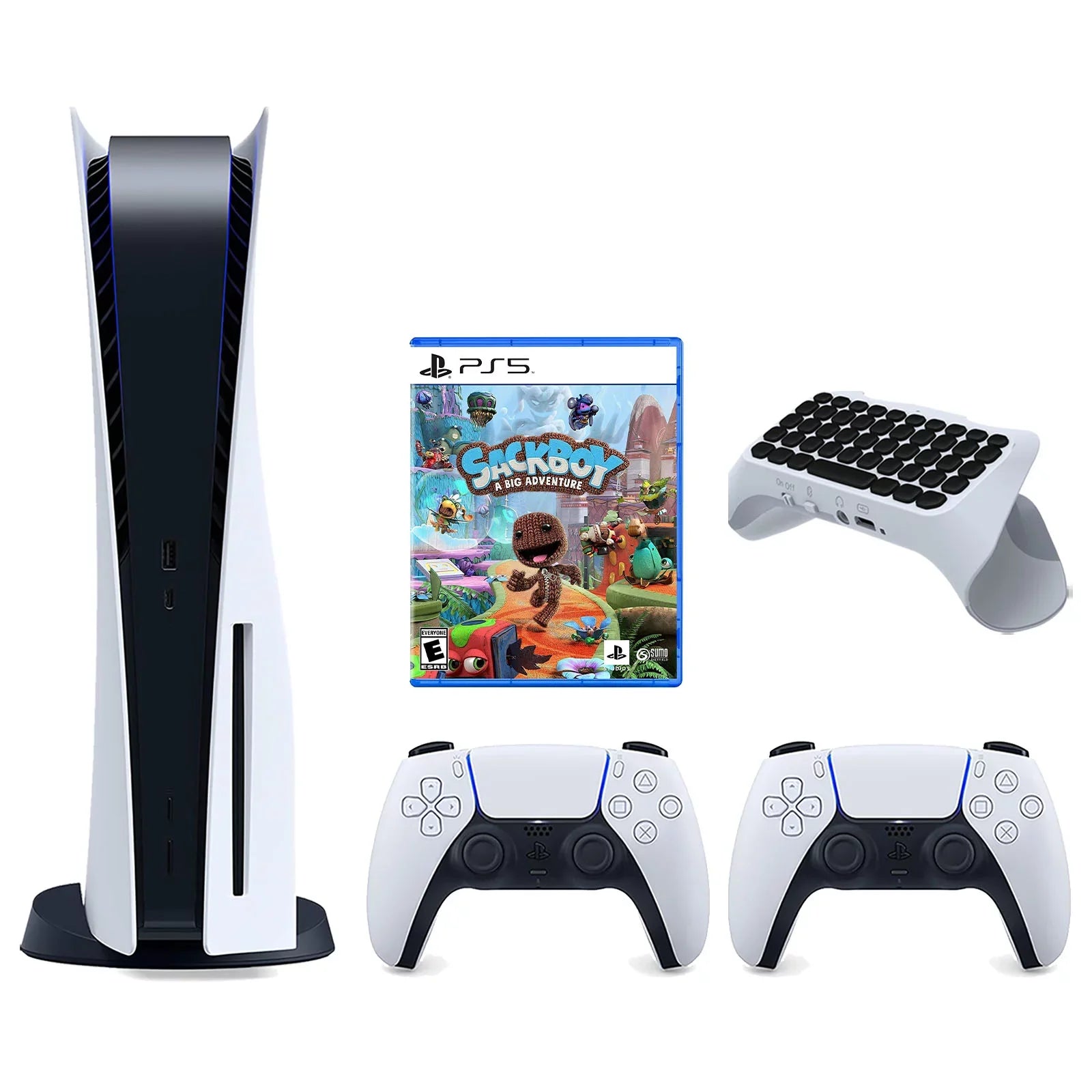 Sony Playstation 5 Disc Version Console with Extra White Controller; Surge QuickType 2.0 Wireless PS5 Controller Keypad and Sackboy: A Big Adventure Bundle