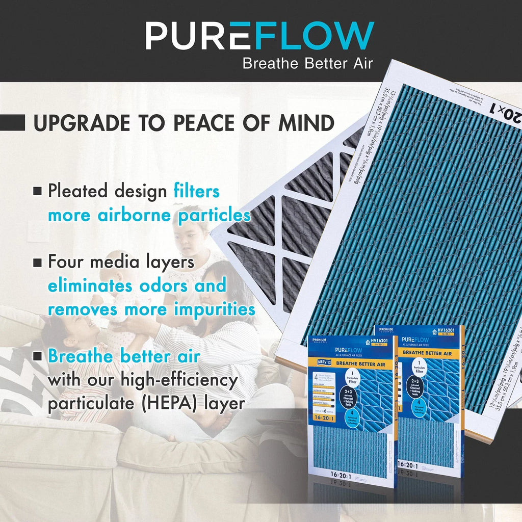 PureFlow; Home Furnace Air Filter 20x25x4; with 4 Layers of Advanced Filtration Technology; MERV-13 Pack-of-2