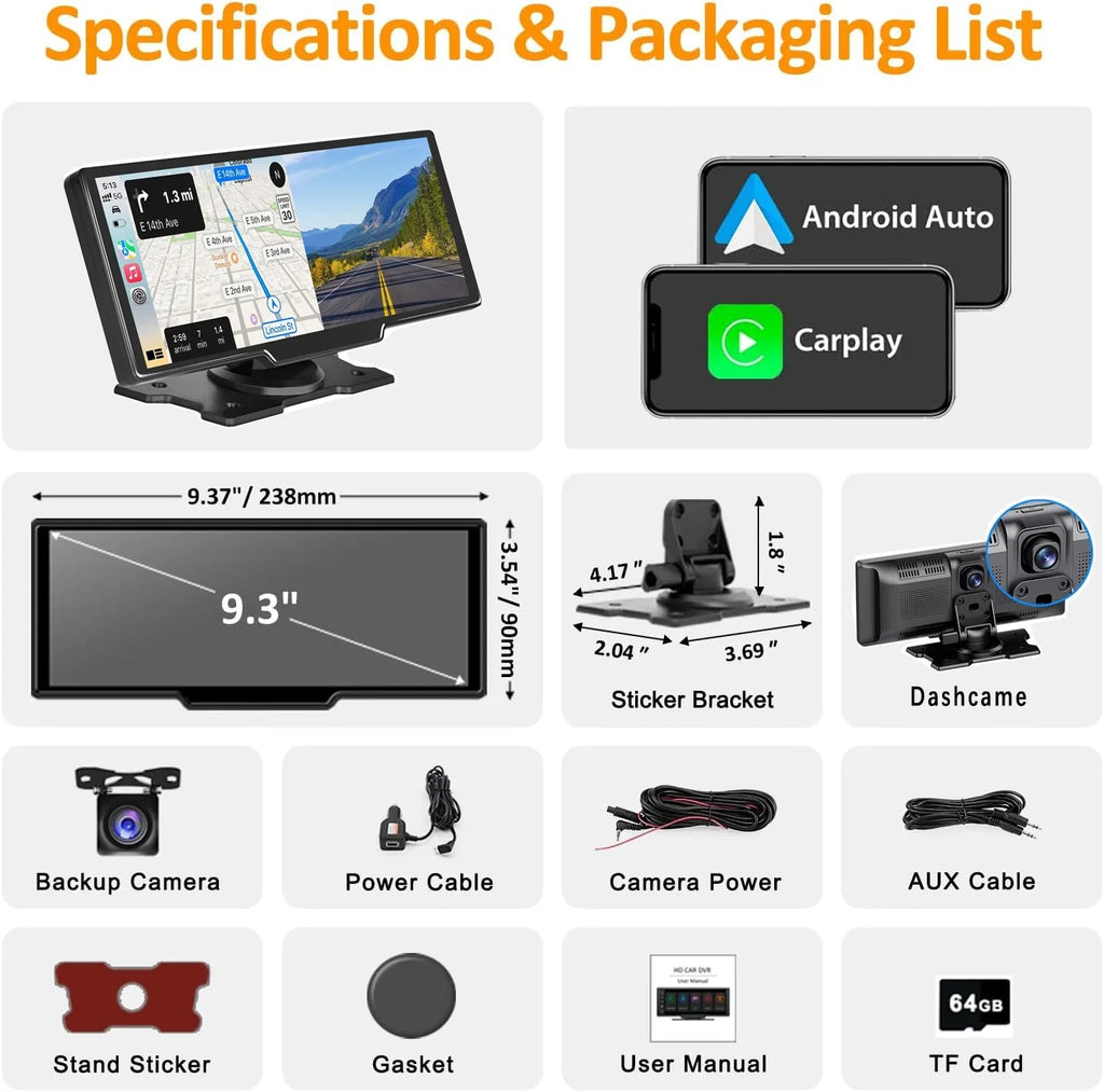 CAIHONG Portable Wireless Carplay Car Stereo with 2.5K Dash Cam - 9" HD IPS Screen; Android Auto; 1080p Backup Camera; Loop Recording; Bluetooth; GPS Navigation Head Unit; Car Radio Receiver