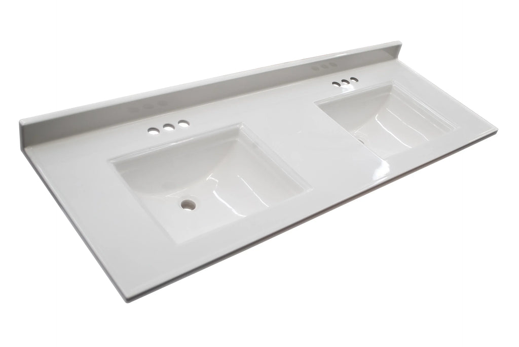 Design House 557678-WHT 61-inch Camilla Cultured Marble Centerset Mount Rectangle Double Bowl Vanity Top with Integrated Backsplash; Solid White