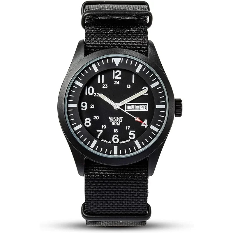 Men's Wrist Watch; Field Military Watches for Men Analog; Black Tactical Outdoor Sport Work Wristwatch; Fluidproof Date Day 12/24 Hour with Army Nylon Band