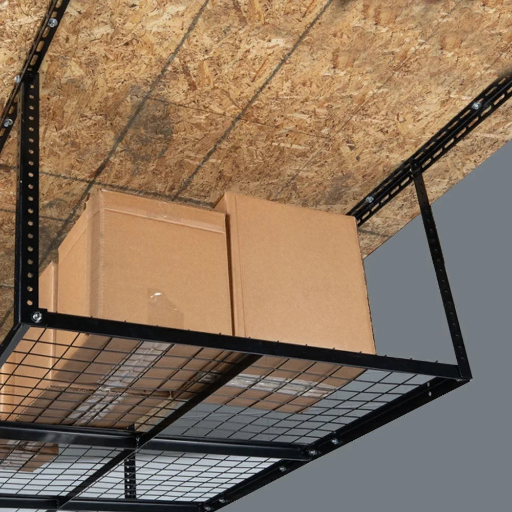 Titan Attachments 4' x 4' Overhead Garage Storage Rack; 20" to 41" Adjustable Height; Ceiling Mount Organization System; Metal Wire Grid with 500 LB Loading Capacity; Storage for Bikes Equipment Bins
