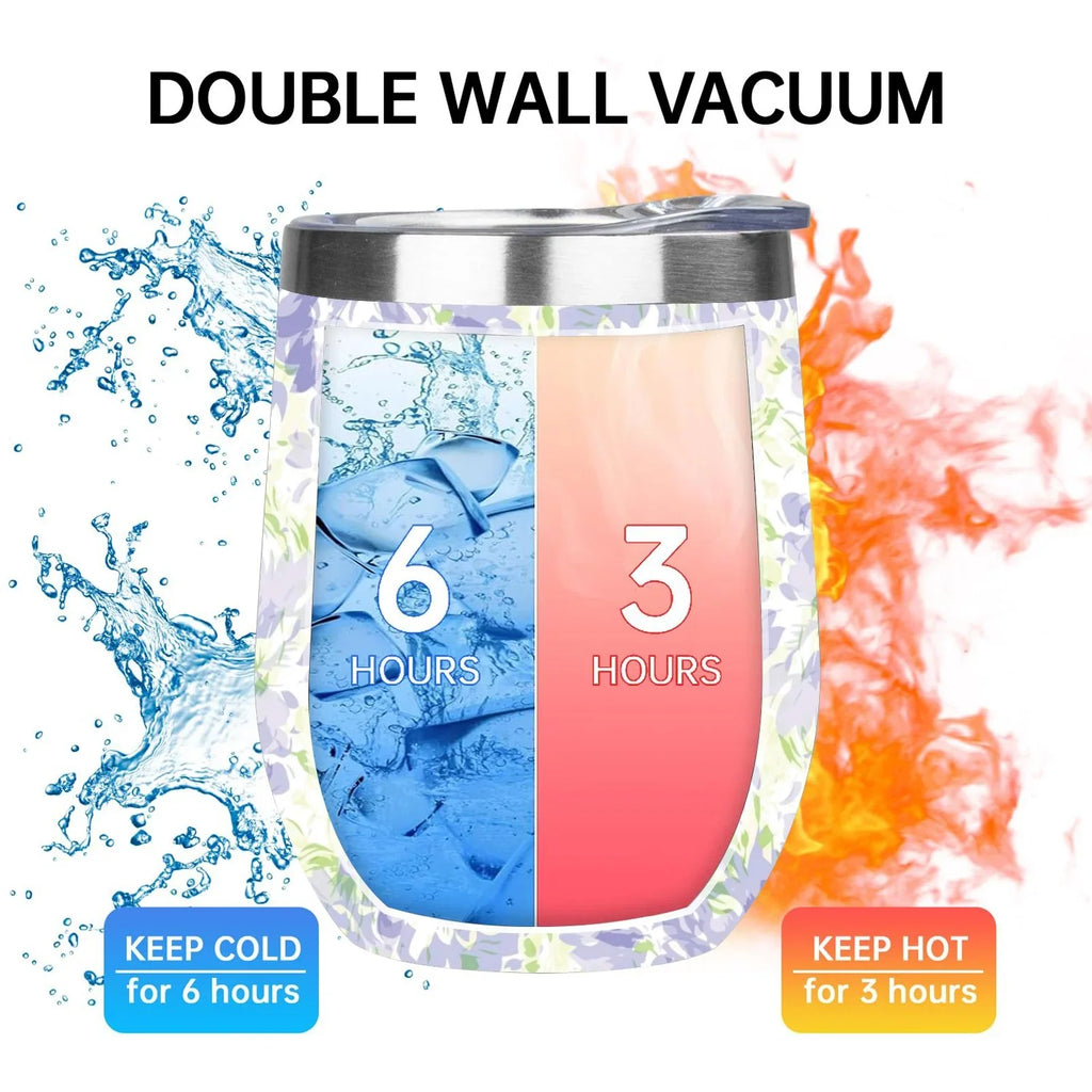 Hidove 12oz 304 Stainless Steel Vacuum Insulated Cups; Blue with Green Floral Pattern Eggshell Cup U Shape Tumbler Cups with Lid; Double Layer Insulation Wine Cup Big Belly Cup