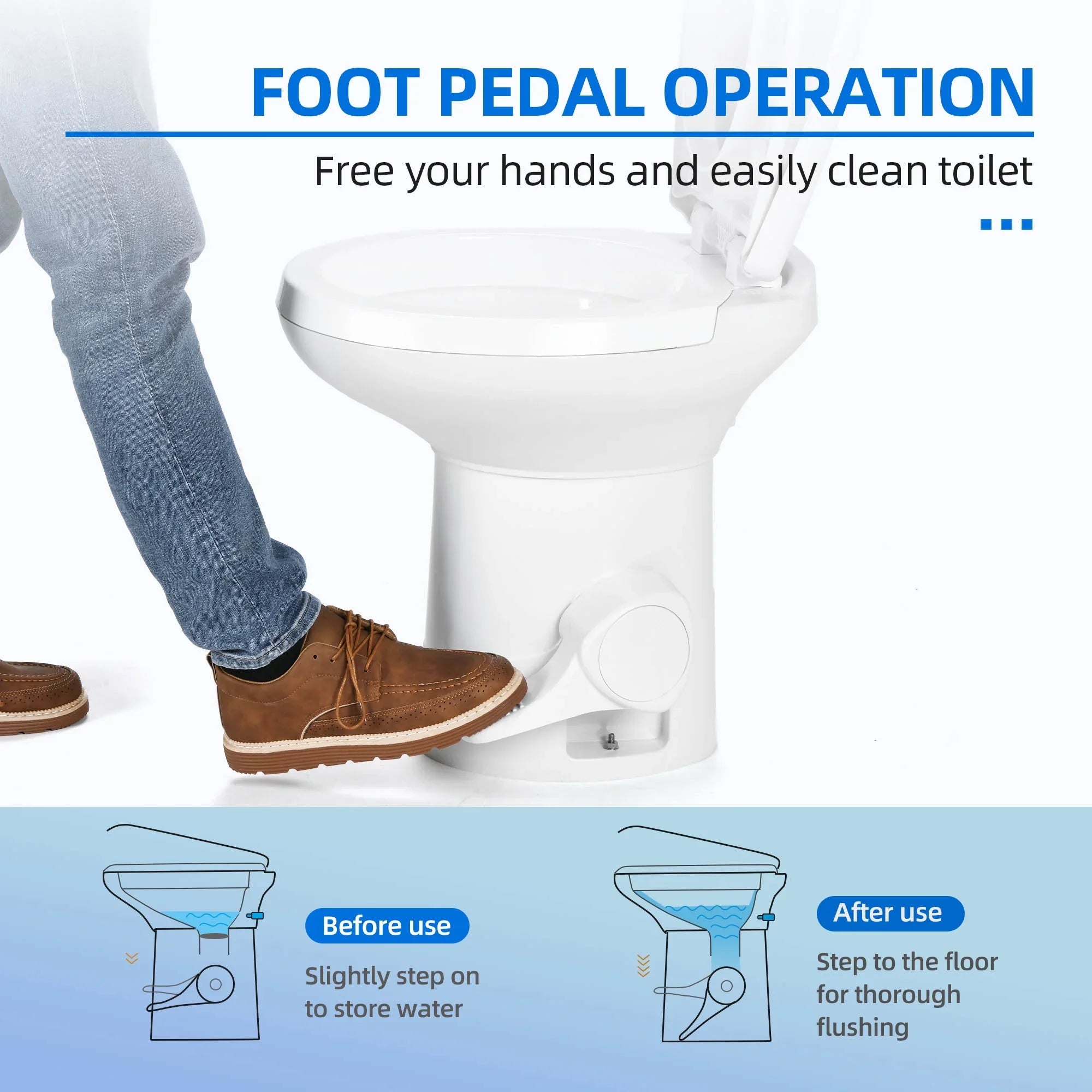 Dextrus Portable RV Toilet with Pedal Flush; Gravity Flush Toilet High Profile for Caravan Travel; Camping; Boating; White