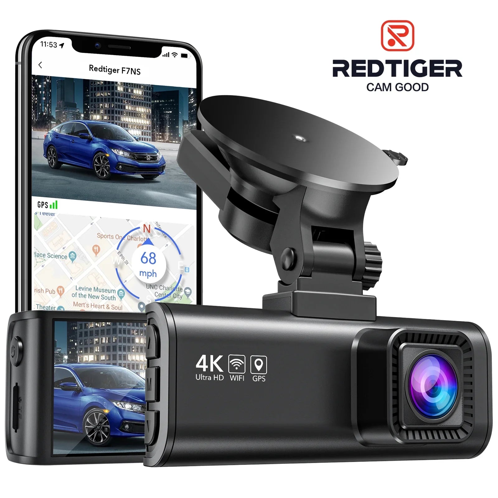 REDTIGER Dash Cam; 4K Dash Camera with Wi-Fi & GPS; 4K UHD 2160P Car Camera; 3.18" LCD Screen; 24H Parking Monitor; Black