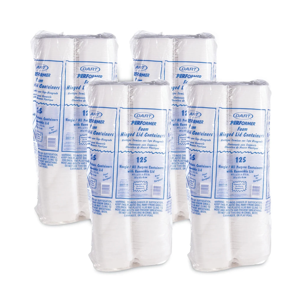 Dart Foam Hinged Lid Container; Hoagie Container with Removable Lid; 5.3 x 9.8 x 3.3; White; 125/Bag; 4 Bags/Carton -DCC99HT1R