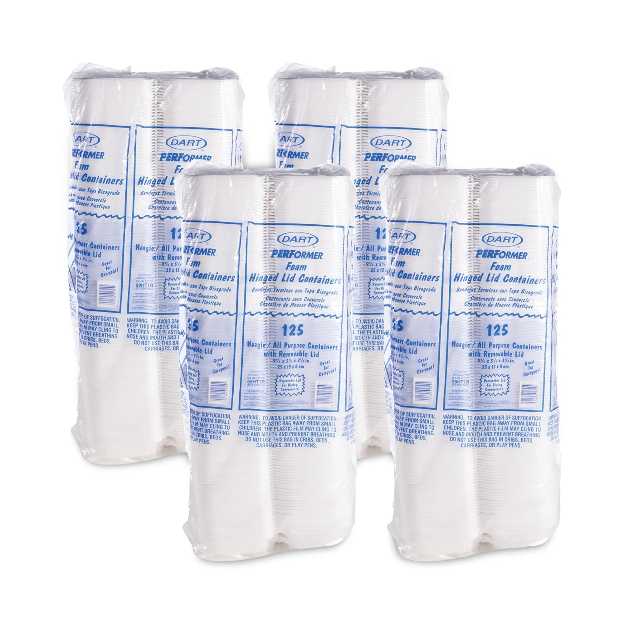 Dart Foam Hinged Lid Container; Hoagie Container with Removable Lid; 5.3 x 9.8 x 3.3; White; 125/Bag; 4 Bags/Carton -DCC99HT1R
