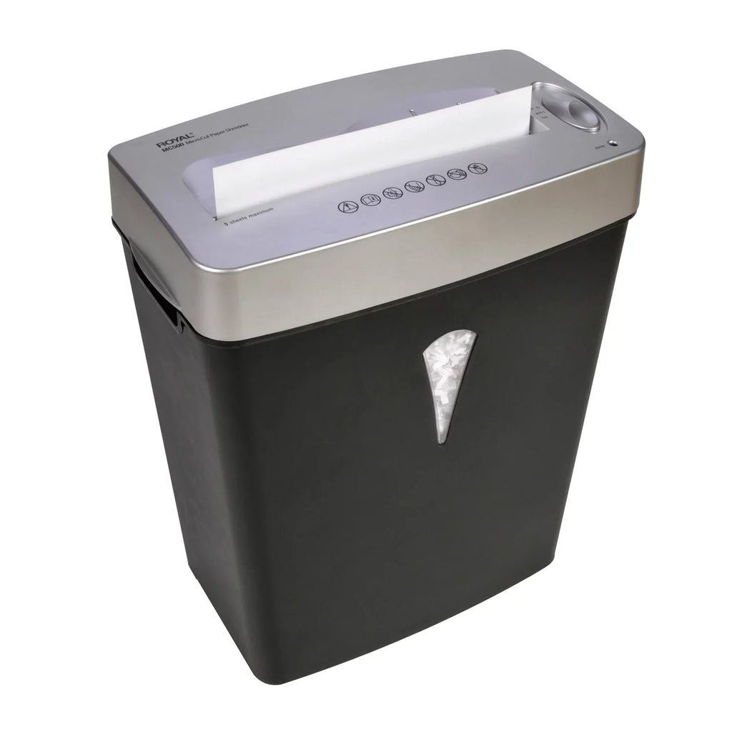 Royal MC500 Paper Shredder - Micro Cut - 5 Per Pass - for shredding Paper; Credit Card - 0.157" x 0.394" Shred Size - 4 gal Wastebin Capacity - Black; Silver