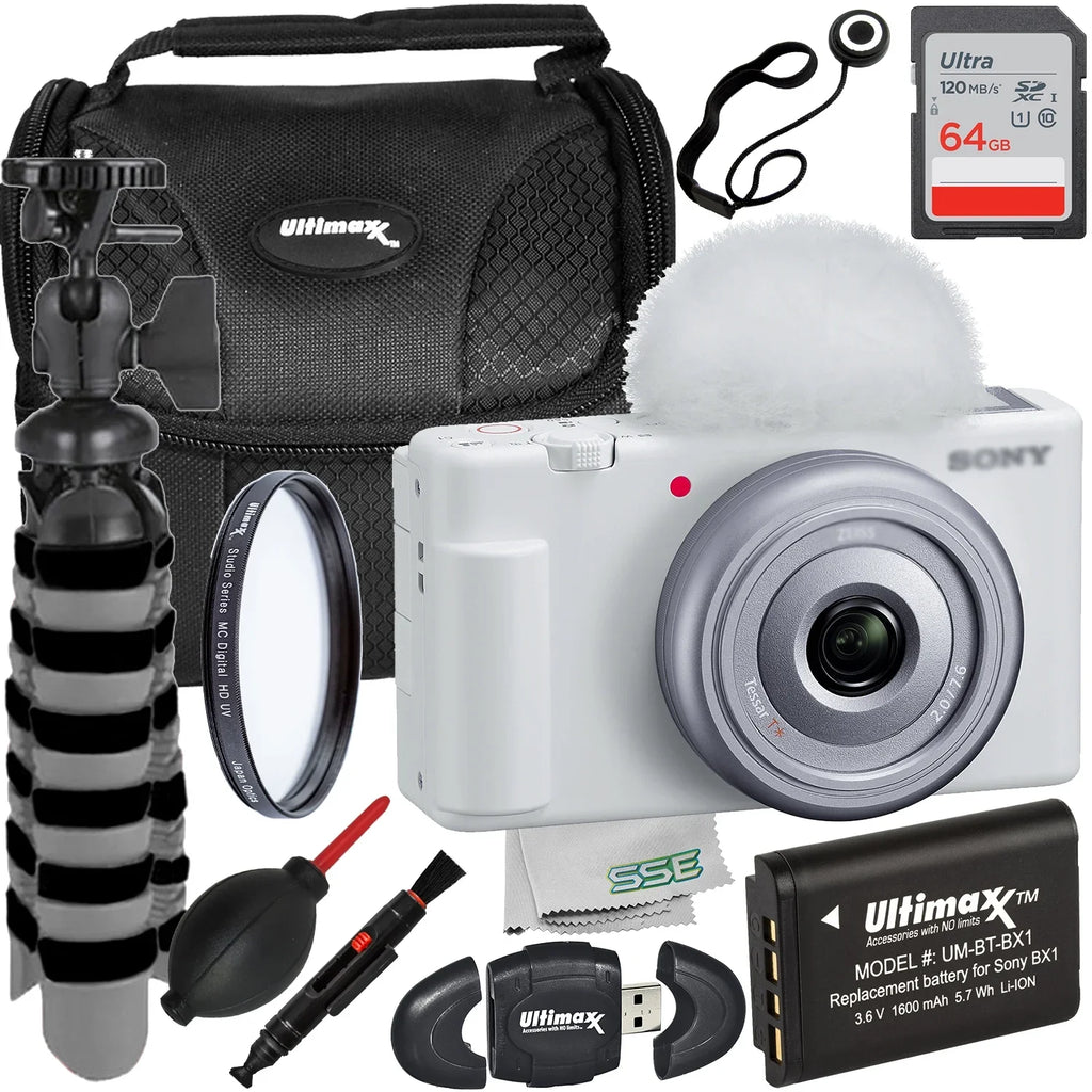 Ultimaxx Starter Sony ZV-1F Camera Bundle (White) - Includes: 64GB Ultra Memory Card; Replacement Battery; Protective UV Filter & More (15pc Bundle)