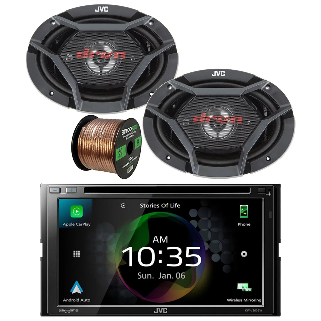 JVC KW-V960BW Double DIN AM/FM Radio Dual USB Bluetooth CD/DVD Player Car Receiver Bundle Combo with 2x 6x9" 4-Way 550 Watt Peak Power Factory Upgrade Coaxial Car Audio Speakers and 16G Speaker Wire