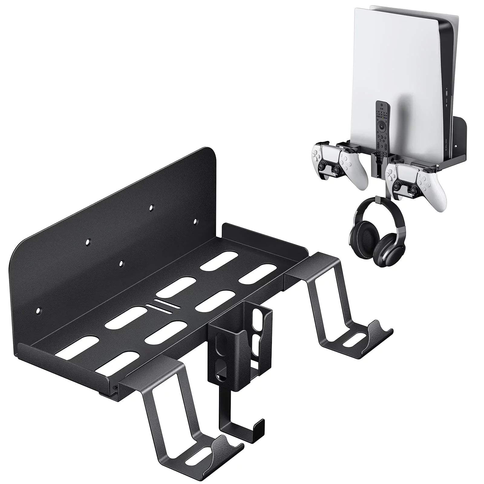 PS5 Wall Mount; 5 in 1 Playstation 5 Wall Mount (Disc and Digital Edition) Wall Bracket for Playstation 5 with Detachable Controller Holder & Headphone Hanger & Remote Control Bracket (Black)