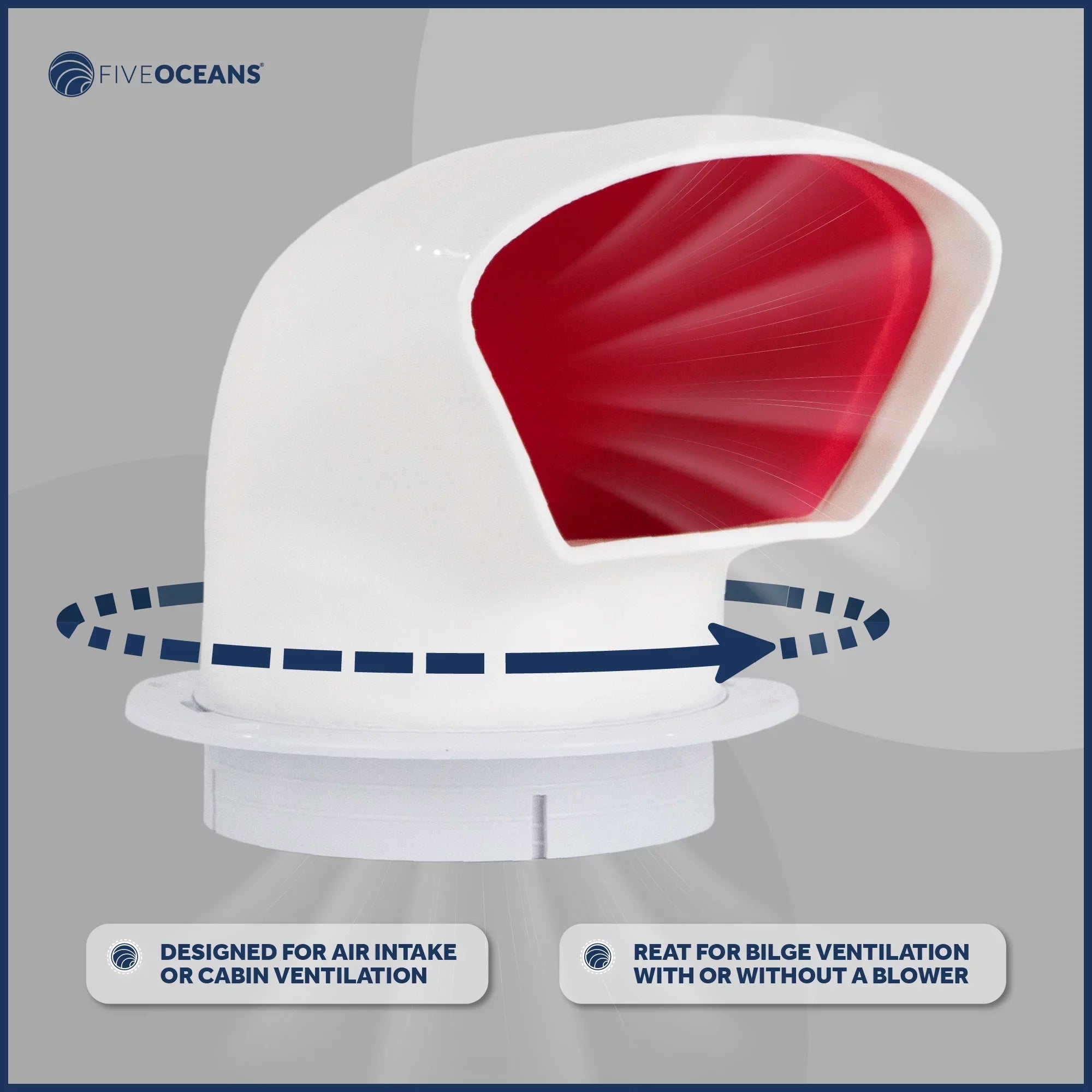 Five Oceans 3-foot Cowl Vent with Snap-On Deck Plate and Cover; Low Profile UV-Resistant and Flexible ; Red Interior; for Air Intake or Cabin Ventilation- FO88