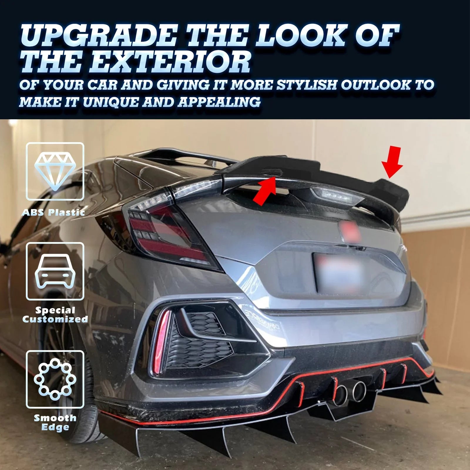 Xotic Tech 1pc Glossy Black V-Style ABS Plastic Duckbill Trunk Spoiler Molding Trim Compatible with Honda Civic Hatchback 2017-2021
