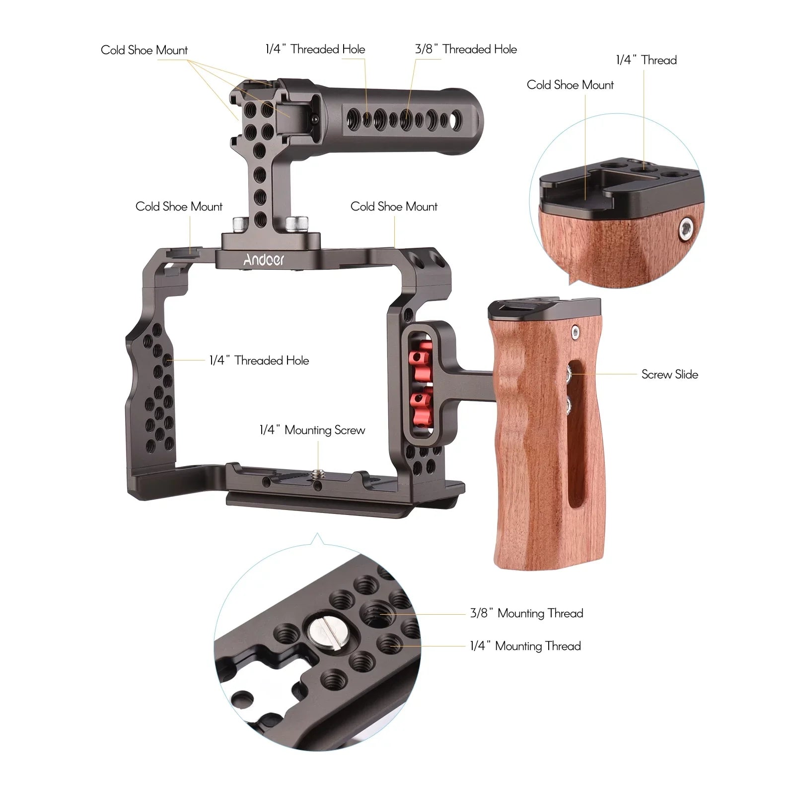7299 Aluminum Alloy Cage Kit with Video Rig Handle Wooden Grip Replacement for Sony A7R III/ A7 II/ A7III