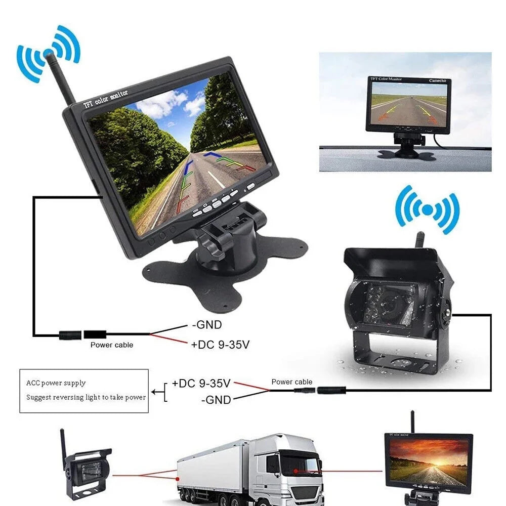 Backup Camera with Monitor Kit; 2pcs Liquidproof 18 IR LED Night Vision Reverse Camera + 7" Rear View Monitor Vehicle Parking System for RV Bus Trailer Truck