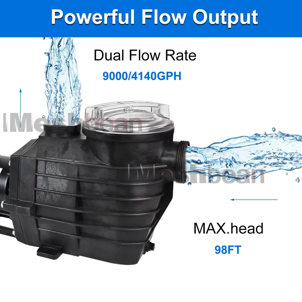 iMeshbean 2-Speed 2.5HP Motor Swimming Pool Pump; 230V 9000GPH/4140GPH; Above Ground Pool Pump In-ground Pool Pump; Head Max 98FT; w/ Strainer Basket& NPT Connectors