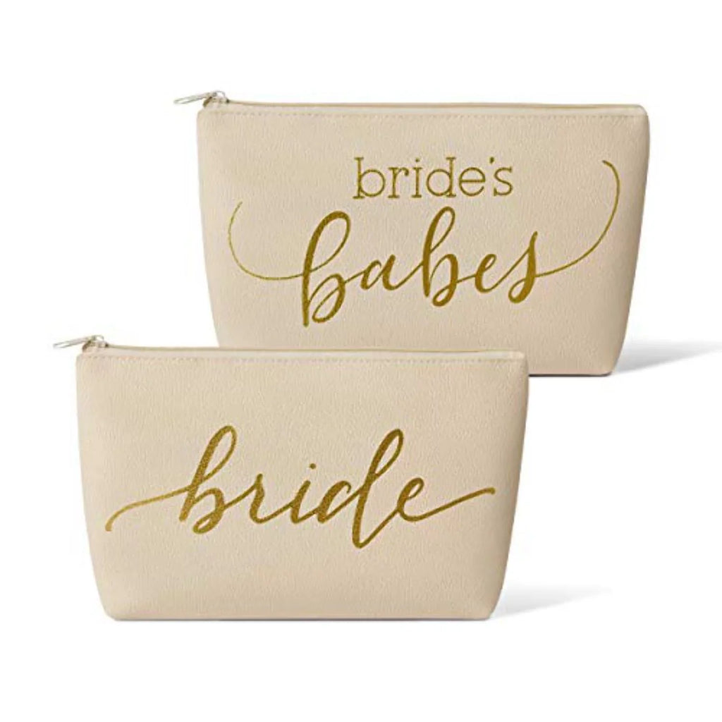 11 Piece Set of Cream Beige Faux Leather Bride and Bridal Party Leather Makeup Bags for Bachelorette Parties; Weddings; and Bridal Showers