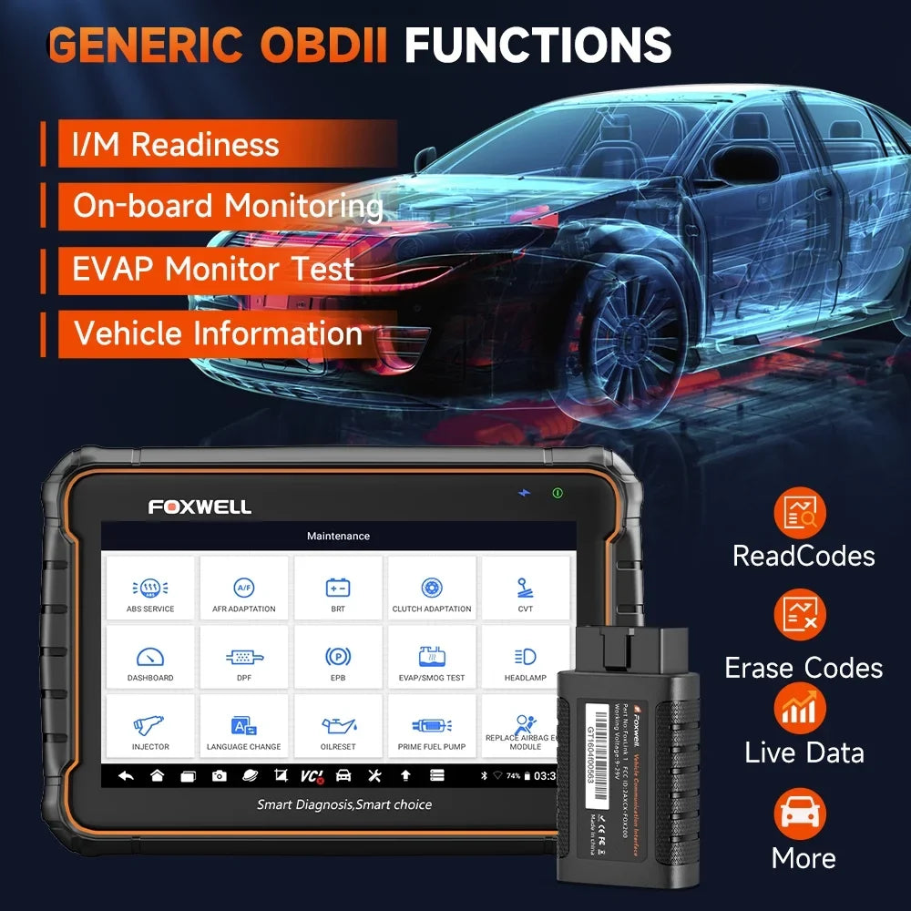 Foxwell GT60 Wireless Bluetooth Automotive Bi-directional Diagnostic Scanner 24+ Maintenance Services Full System OBD2 Scanner Code Reader for 12V Cars; EOBD OBD Scan Tool Vehicle Analyzer with Bag